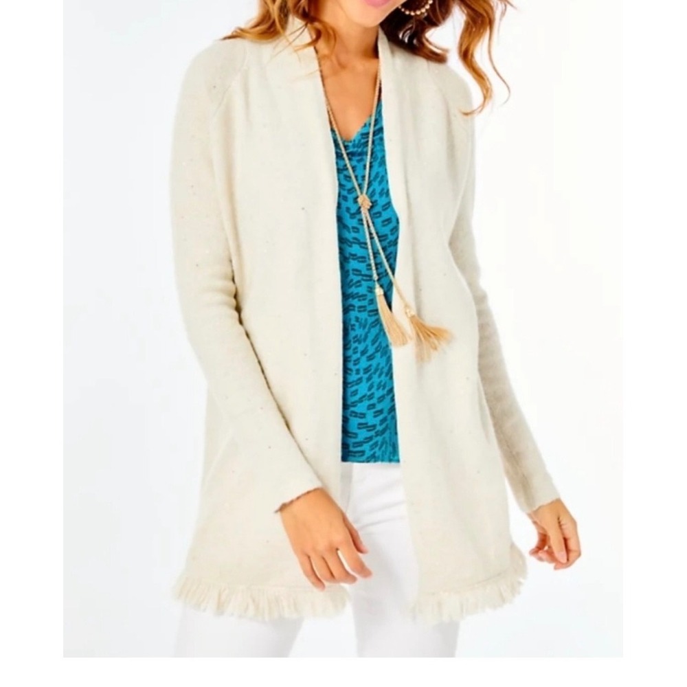 Lilly Pulitzer Metallic Sequin Fringe Open Front Cardigan Beige‎ Oatmeal Medium